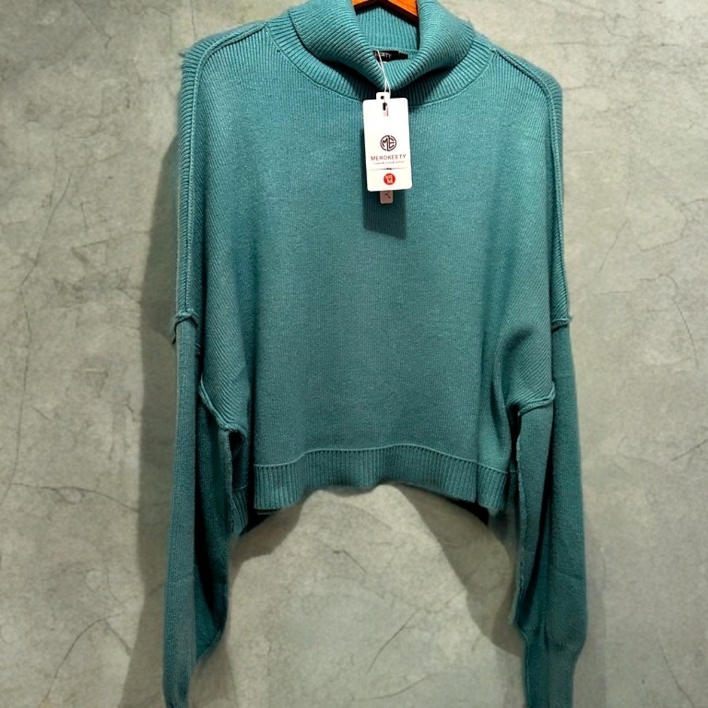 NWT WOMEN’S OVERSIZED COWL NECK RUBBER KNIT SWEATER TEAL BLUE SIZE M